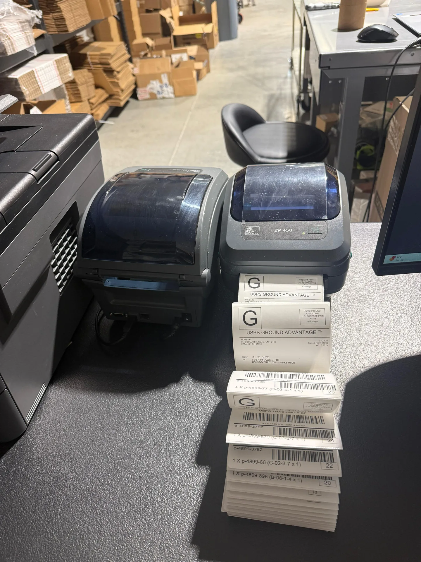 Zebra ZP 450 label printer station at 365PrepCenter